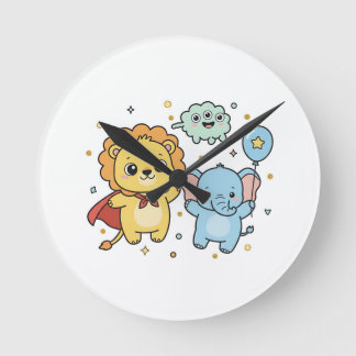 Cute Superhero Lion and Elephant Friends Cartoon Round Clock