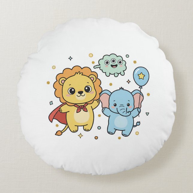 Cute Superhero Lion and Elephant Friends Cartoon Round Pillow (Front)