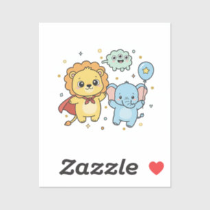 Cute Superhero Lion and Elephant Friends Cartoon Sticker