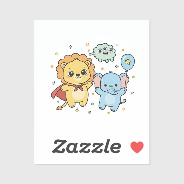 Cute Superhero Lion and Elephant Friends Cartoon Sticker (Sheet)