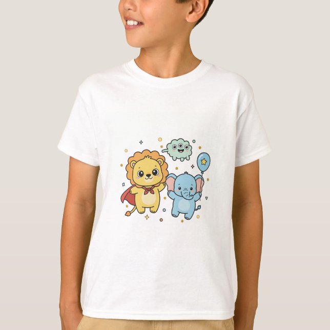Cute Superhero Lion and Elephant Friends Cartoon T-Shirt (Front)