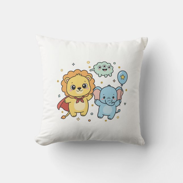 Cute Superhero Lion and Elephant Friends Cartoon Throw Pillow (Front)