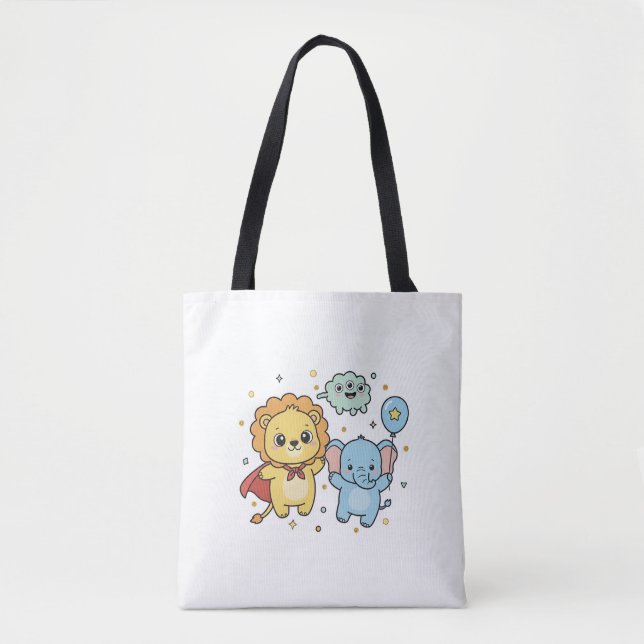 Cute Superhero Lion and Elephant Friends Cartoon Tote Bag (Front)