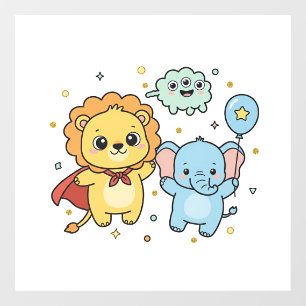 Cute Superhero Lion and Elephant Friends Cartoon Window Cling