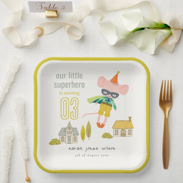 Cute Superhero Mouse Fun Kids Photo Birthday Paper Plates (Wedding)