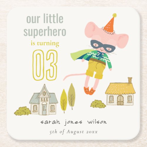 Cute Superhero Mouse Fun Kids Photo Birthday Square Paper Coaster