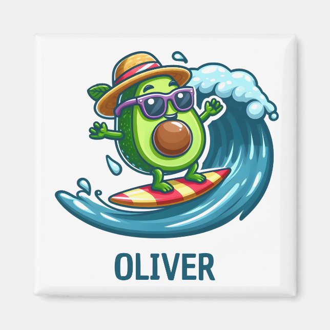 Cute Surfer Avocado Hits the Waves Personalized Magnet (Front)