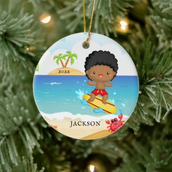 Cute Surfer Boy Personalized Christmas Ceramic Ornament by celebrateitornaments at Zazzle