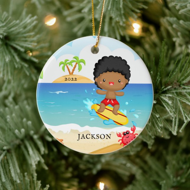 Cute Surfer Boy Personalized Christmas Ceramic Ornament (Tree)