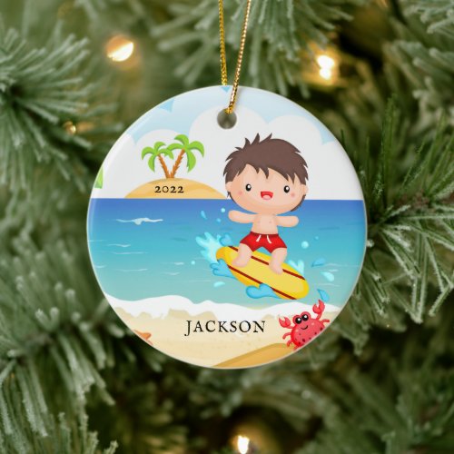 Cute Surfer Boy Personalized Christmas Ceramic Ornament