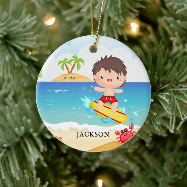 Cute Surfer Boy Personalized Christmas Ceramic Ornament (Tree)