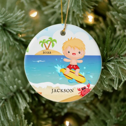 Cute Surfer Boy Personalized Christmas Ceramic Ornament