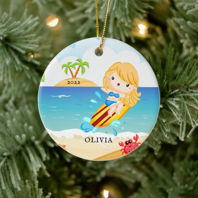 Cute Surfer Girl Personalized Christmas Ceramic Ornament (Tree)