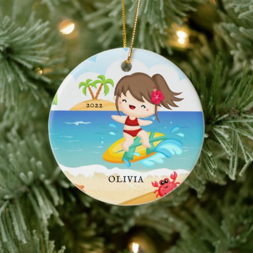 Cute Surfer Girl Personalized Christmas  Ceramic Ornament