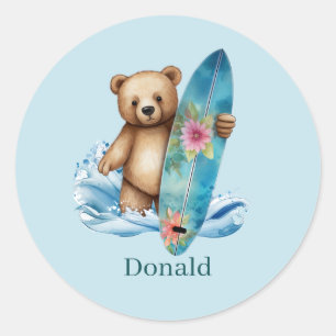 Cute surfing bear add name  classic round sticker