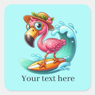 Cute surfing pink flamingo square sticker