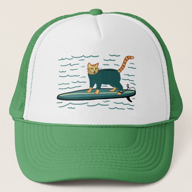 Cute Surfing Tabby Cat Trucker Hat (Front)