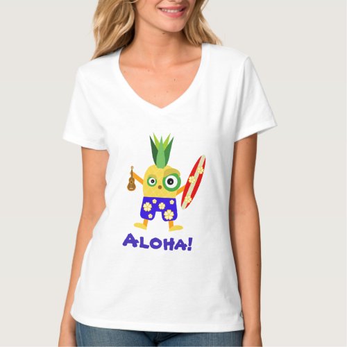 Cute Surfing Yellow Pineapple Aloha Cartoon T_Shirt