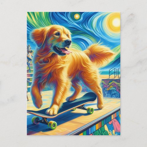 Cute Surreal Golden Retriever Skateboarding Postcard