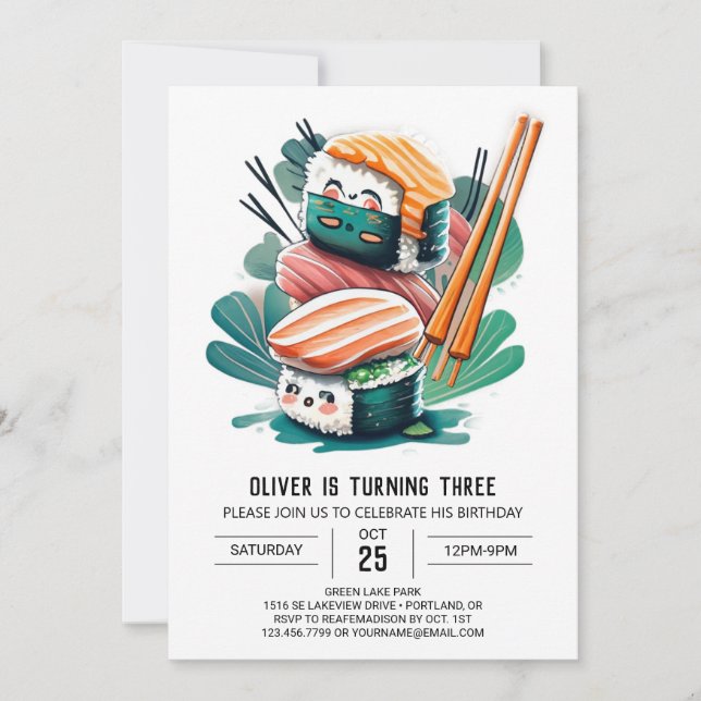 Cute Sushi Adventure Kids Birthday Invitation (Front)
