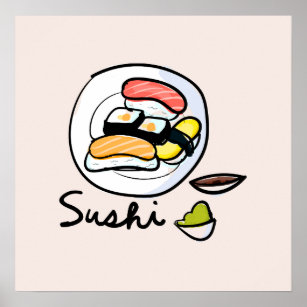 Cute sushi cartoon kawaii food art poster