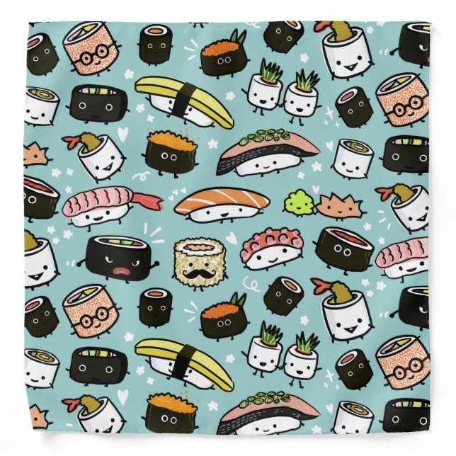Cute Sushi Characters | Kawaii Sushi Patterned Bandana (Front)
