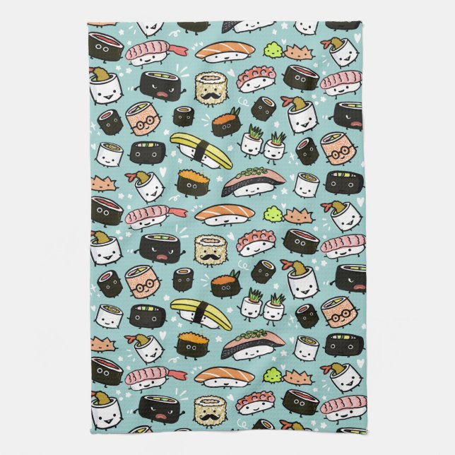 Cute Sushi Characters | Kawaii Sushi Patterned Kitchen Towel (Vertical)