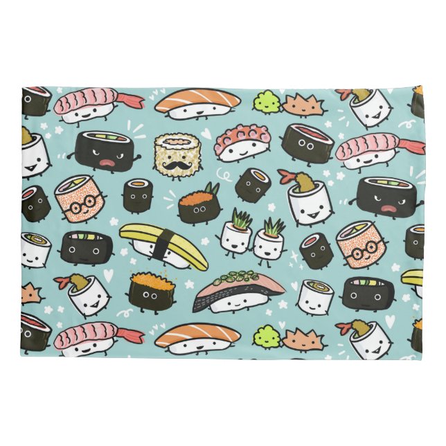 Cute Sushi Characters | Kawaii Sushi Patterned Pillow Case (Back)