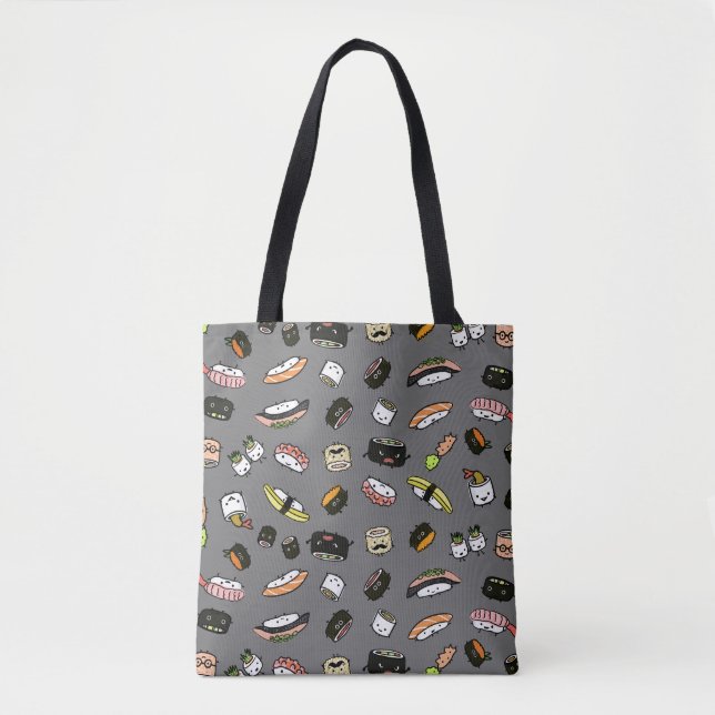 Cute Sushi Characters | Kawaii Sushi Patterned Tote Bag (Front)