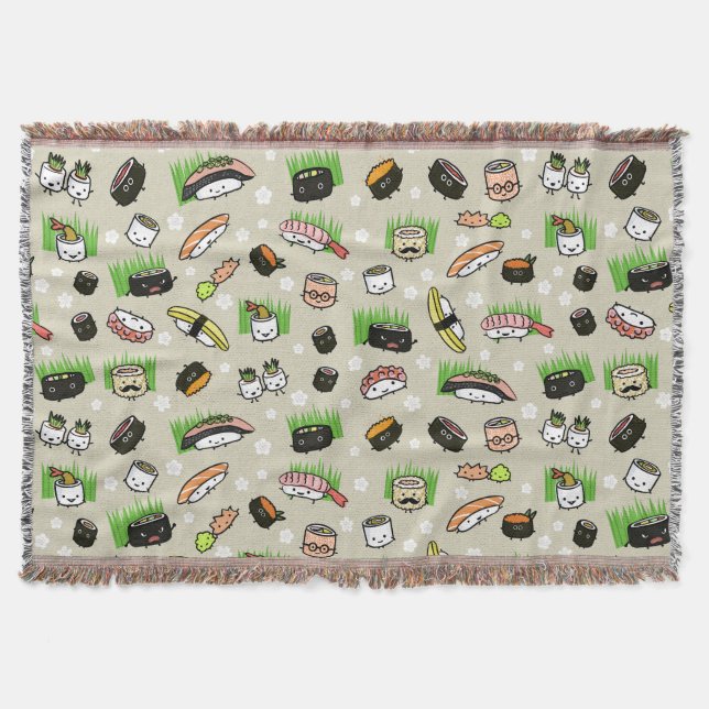 Cute Sushi Characters Pattern | Kawaii Sushi Throw Blanket (Front)