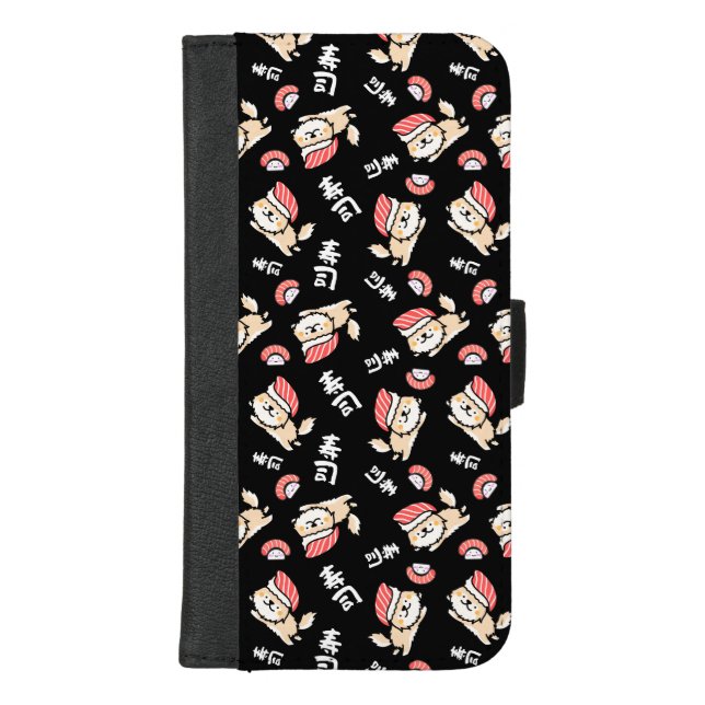 Cute Sushi Dog with Japanese Kanji Pattern iPhone Wallet Case (Front)