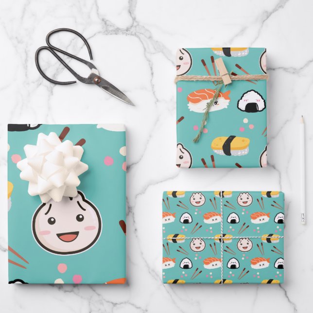 Cute Sushi & Dumpling Wrapping Paper - Blue (Front)