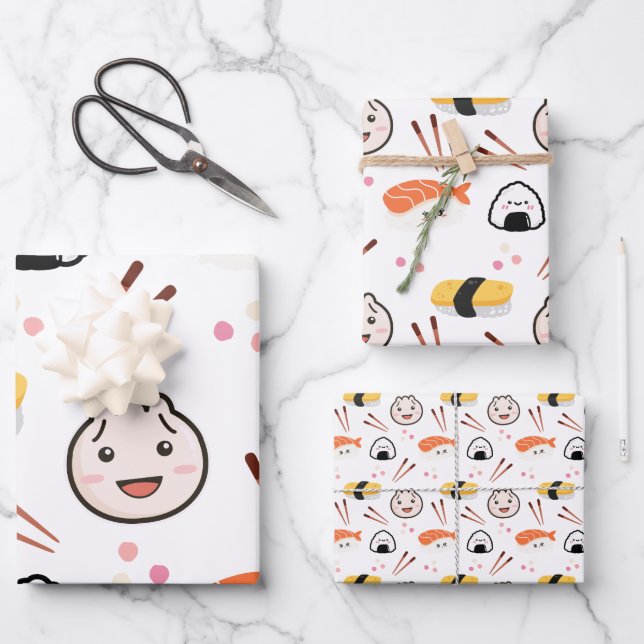 Cute Sushi & Dumpling Wrapping Paper - White (Front)