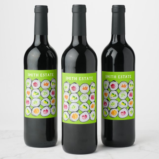 Cute sushi illustration art wine label (Bottles)