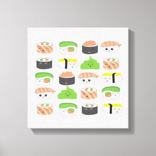 Cute Sushi Illustration variety Kawaii style Canvas Print