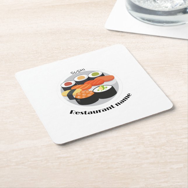 Cute Sushi Japan food minimal Personalized Name Square Paper Coaster (Angled)