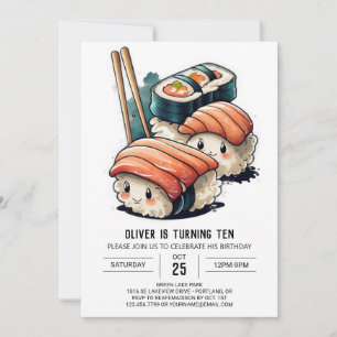 Cute Sushi Party Watercolor Birthday Invitation