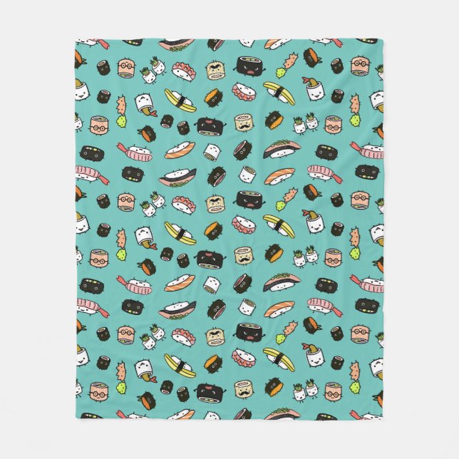 Cute Sushi Pattern | Kawaii Sushi Characters Fleece Blanket (Front)
