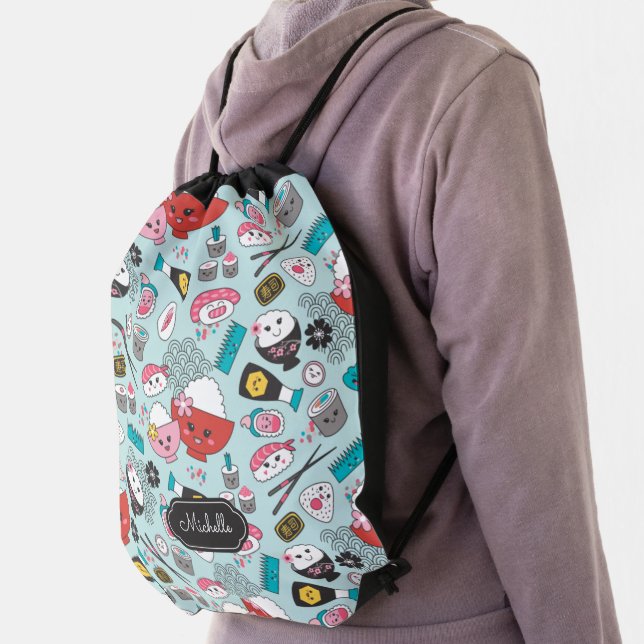 Cute Sushi Pattern Monogram Drawstring Backpack (Insitu)