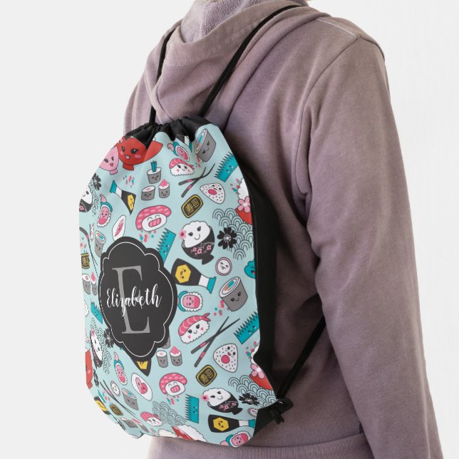 Cute Sushi Pattern Monogram Drawstring Backpack (Insitu)