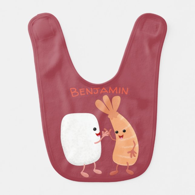 Cute sushi rice prawn friends cartoon baby bib (Front)