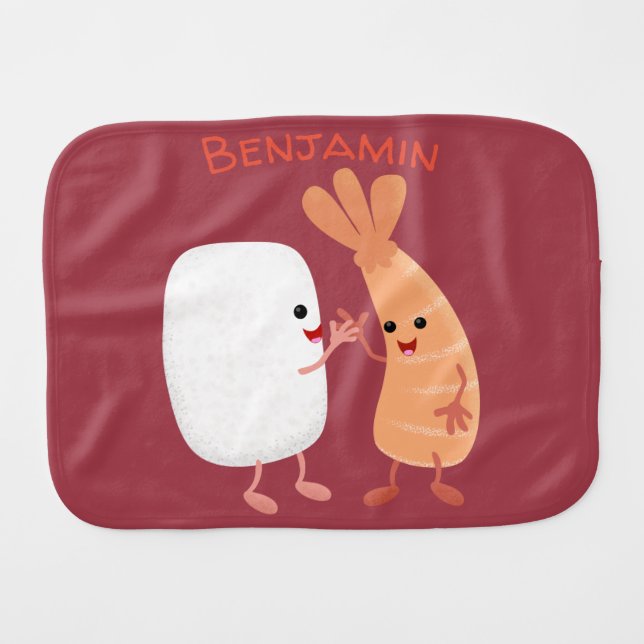 Cute sushi rice prawn friends cartoon baby burp cloth (Front Horizontal)