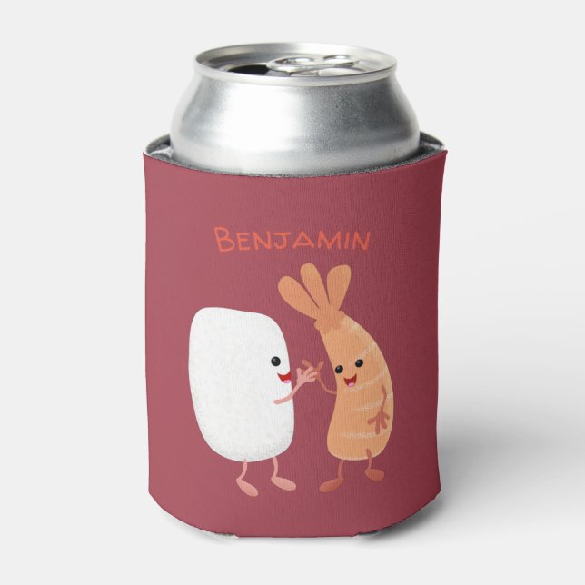 Cute sushi rice prawn friends cartoon can cooler (Can Front)