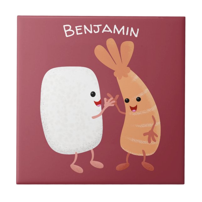 Cute sushi rice prawn friends cartoon ceramic tile (Front)
