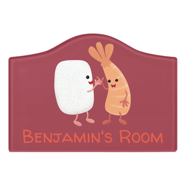 Cute sushi rice prawn friends cartoon door sign (Small Crest Front)