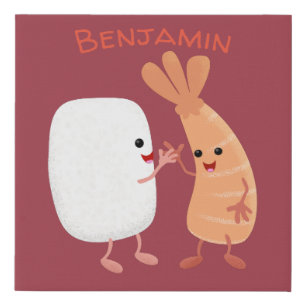 Cute sushi rice prawn friends cartoon faux canvas print