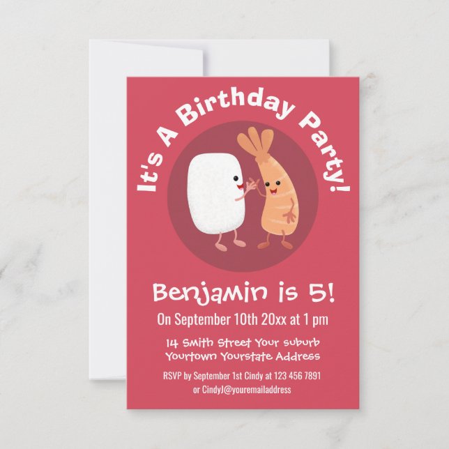 Cute sushi rice prawn friends cartoon invitation (Front)