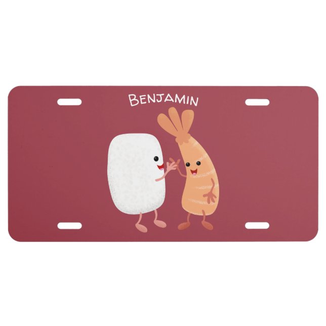 Cute sushi rice prawn friends cartoon license plate (Front)