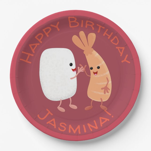 Cute sushi rice prawn friends cartoon paper plates (Front)
