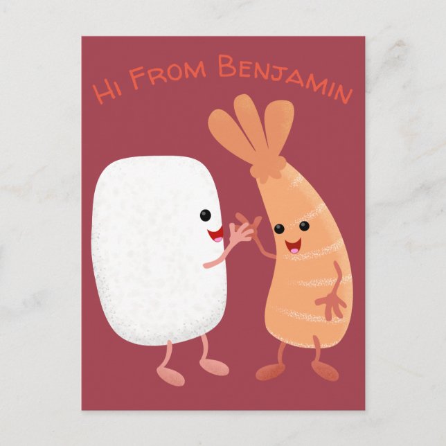 Cute sushi rice prawn friends cartoon postcard (Front)